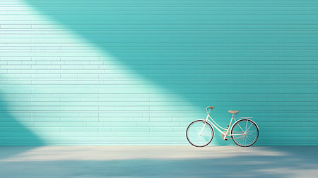Bicycle in front of a blue brick wall with shadow. 3D renderingの写真素材