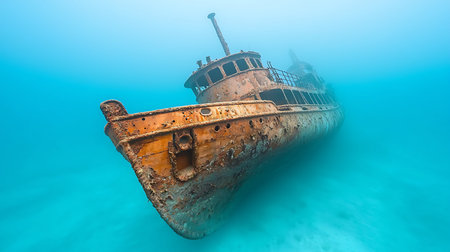 Abandoned ship wreck in blue sea water with copy space.の写真素材