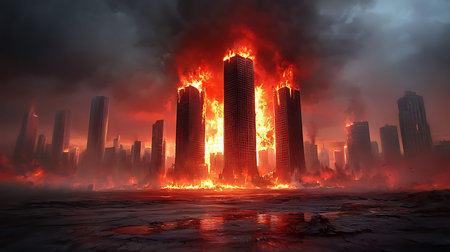 Flaming building in the city. Disaster concept. 3D rendering