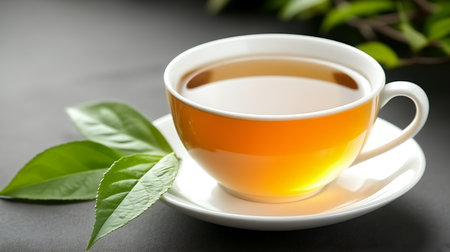 Cup of tea with green tea leaves on black table, closeupの写真素材