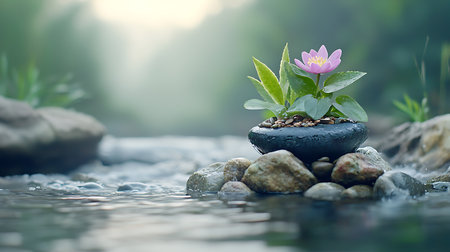 Flower in a pot on a rock in the middle of the riverの写真素材