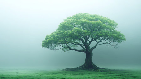 Old oak tree in a foggy forest. 3D rendering.の写真素材