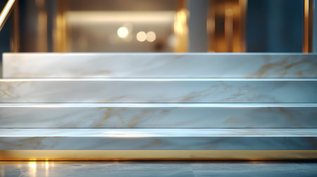 3d render of marble stairs with golden lights in the background.の写真素材