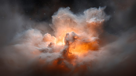 Fiery explosion in the night sky with clouds.の写真素材