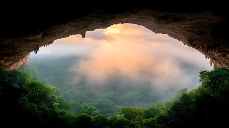 Beautiful view from inside of the cave to the misty skyの写真素材
