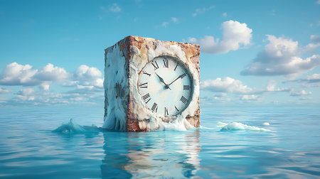 Conceptual 3D rendering of an old clock on a rock in the seaの写真素材