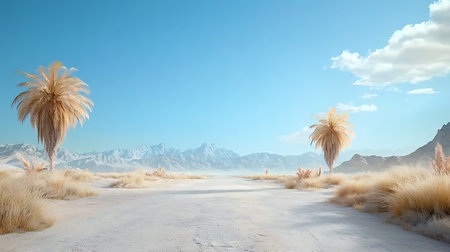 road in desert with palm trees and mountains in the background - 3d renderの写真素材
