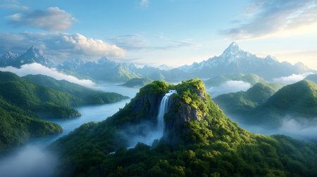 Mountain landscape with a waterfall in the valley. 3d renderの写真素材
