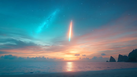 A comet in the sky over the sea at sunset. 3d renderingの写真素材