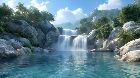 Waterfall in the tropical forest. Panorama of a waterfall in the jungle.の写真素材