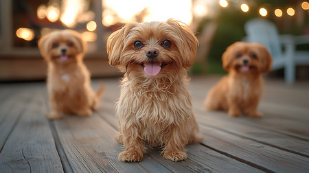 Cute little dogs on wooden floor in room with bokeh lightsの写真素材