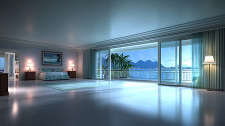 3d rendering of a modern bedroom in a villa with sea viewの写真素材
