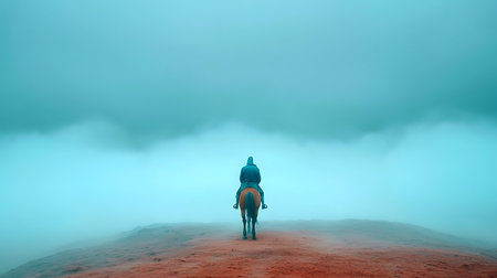 man riding a horse on a foggy day, 3d renderの写真素材