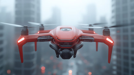 Drone with digital camera flying in the city. 3d renderingの写真素材
