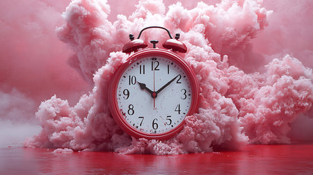 3d rendering of red alarm clock with smoke on the background.の写真素材
