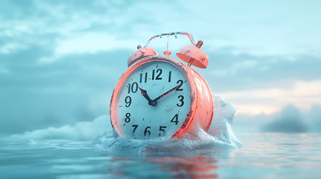 Alarm clock frozen in ice, 3d render. Time conceptの写真素材