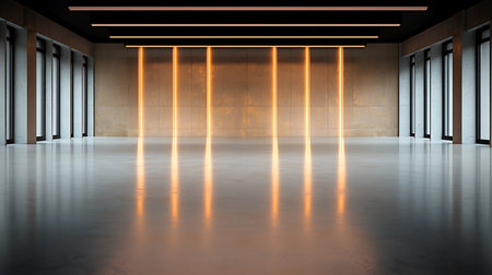 3D rendering of an empty room with neon lights and spotlightsの写真素材