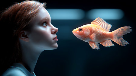 Cute little girl looking at fish in aquarium. 3d renderingの写真素材