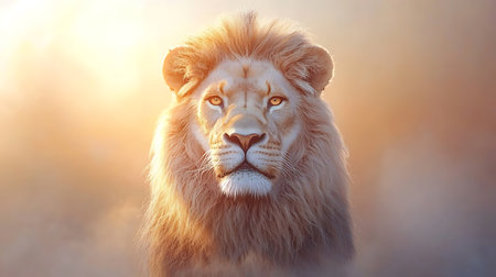 Portrait of a big male lion in the wild at sunset.の写真素材