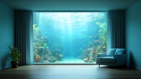 Interior of a living room with a view of the underwater worldの写真素材