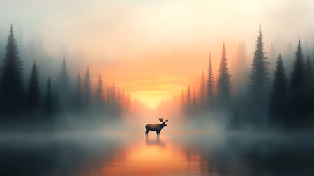 Silhouette of a moose on the background of a misty forest lakeの写真素材