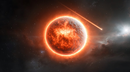 3D illustration of a red planet in space with a comet.