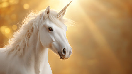 Unicorn on golden background, closeup view. Magic fantasy animalの写真素材