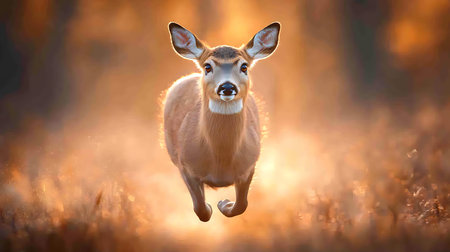 White-tailed deer (Odocoileus virginianus) running in autumn forest.の写真素材