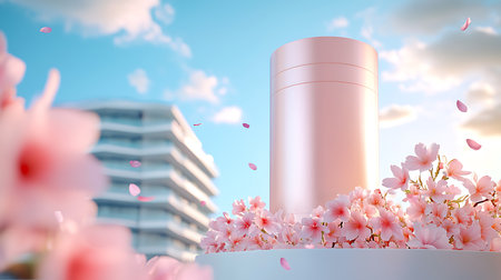 3d render of cosmetic bottle with pink sakura flowers background.の写真素材