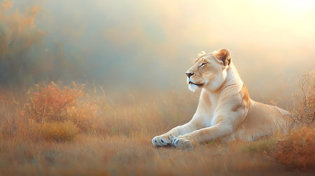 Lioness lies on the grass in the rays of the setting sunの写真素材
