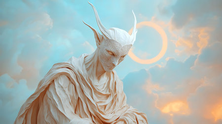 Angel in the sky with the moon in the background. 3d renderingの写真素材