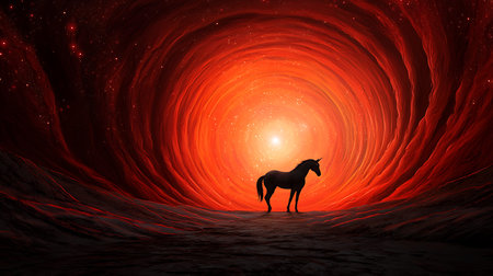 Horse silhouette on the background of a red luminous swirling.
