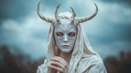 A portrait of a fantasy warrior with horns and a white cloak.の写真素材