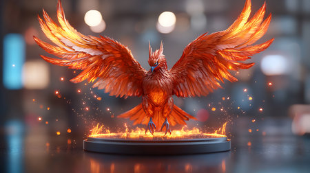 3d rendering of a flying red dragon on a pedestal in the cityの写真素材