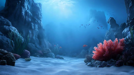 Underwater world with corals and fishes. 3D render.の写真素材