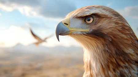 Portrait of a golden eagle with a seagull in the background