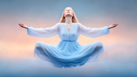 Young woman meditating in lotus pose on blue sky background with cloudsの写真素材