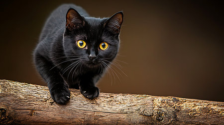 Black cat with yellow eyes sitting on a wooden branch on brown backgroundの写真素材