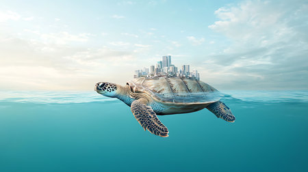 Green sea turtle floating in the ocean. 3d render illustration.の写真素材
