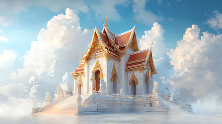 Thai temple with blue sky and white clouds background. 3d renderingの写真素材