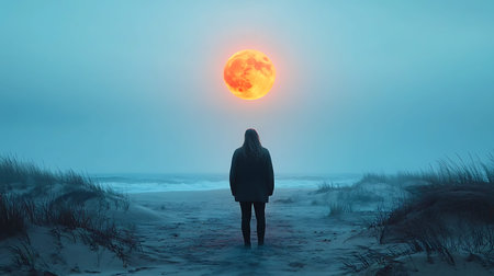 Woman walking on the beach at sunset with a full moon in the backgroundの写真素材