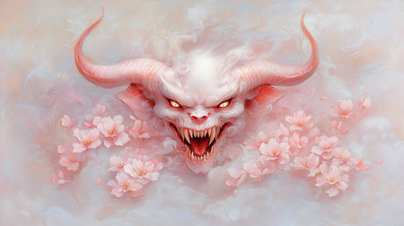 Angry demon and cherry blossom background. 3D rendering.