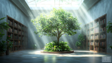 3d rendering of a green tree in the interior of a library