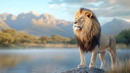 Lion standing on a rock by the lake at sunset, 3d renderの写真素材
