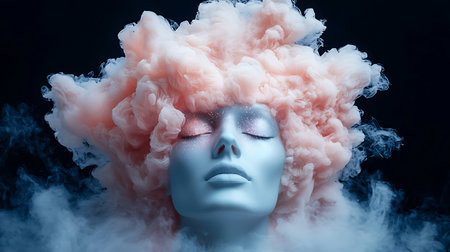 Fantasy portrait of a woman with pink wig and smoke on her headの写真素材