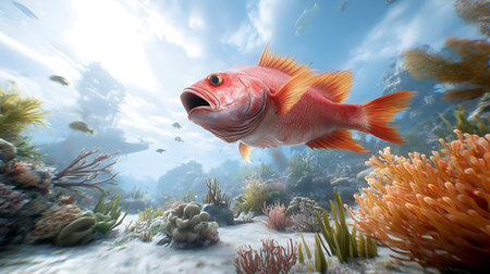 Red fish in the sea. Underwater world. 3d render