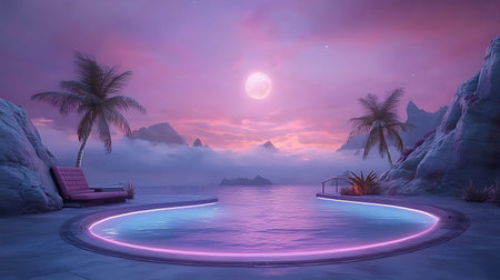 3D rendering of a fantasy landscape with a pool and palm trees
