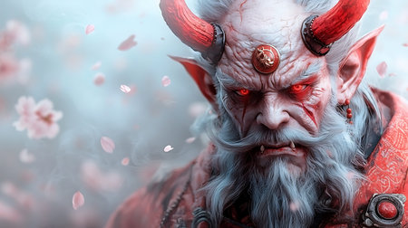 3D illustration of a demon with horns and a red coat.の写真素材