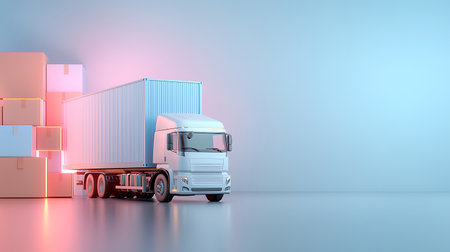 3D rendering of a white truck and boxes on a blue backgroundの写真素材