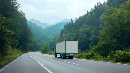 Truck on the road in the mountains. Transportation and logistics.の写真素材